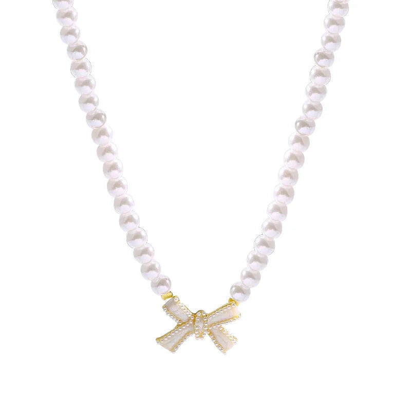 Fashion Necklace Faux Plastic Pearl Necklace Bowknot Charm Beaded Necklaces Chocker Jewelry