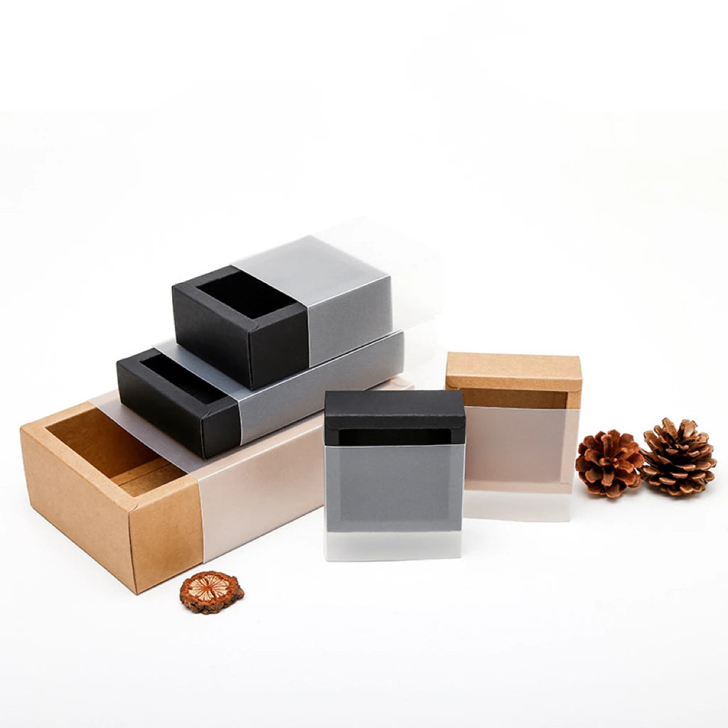 Brown Black White Frosted Sleeve Sliding Box Candy Chocolate Packaging Drawer Boxes With Frosted Clear Window