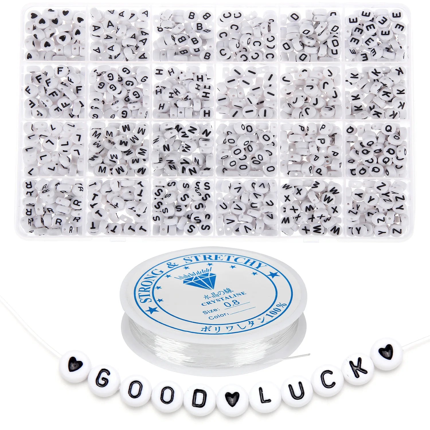 1200 Pieces Diy Letter Beads Box  Black and White 7mm A-Z Heart Pattern Beads and Accessories for Jewelry Making Bracelet