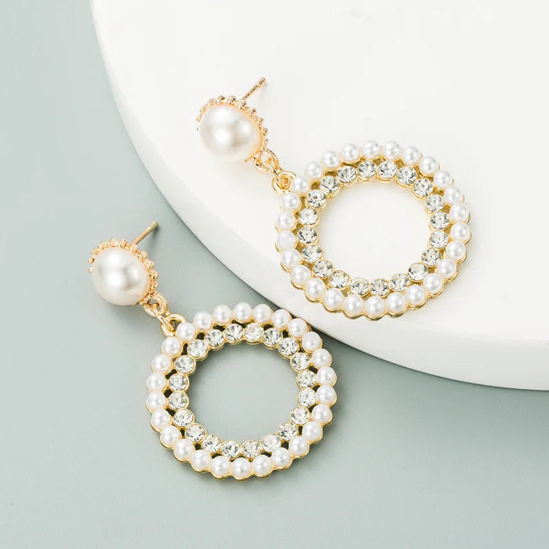 Luxury Wholesale Circle Pearl Stud Earrings Fashion Rhinestone Ear Jewelry for Women