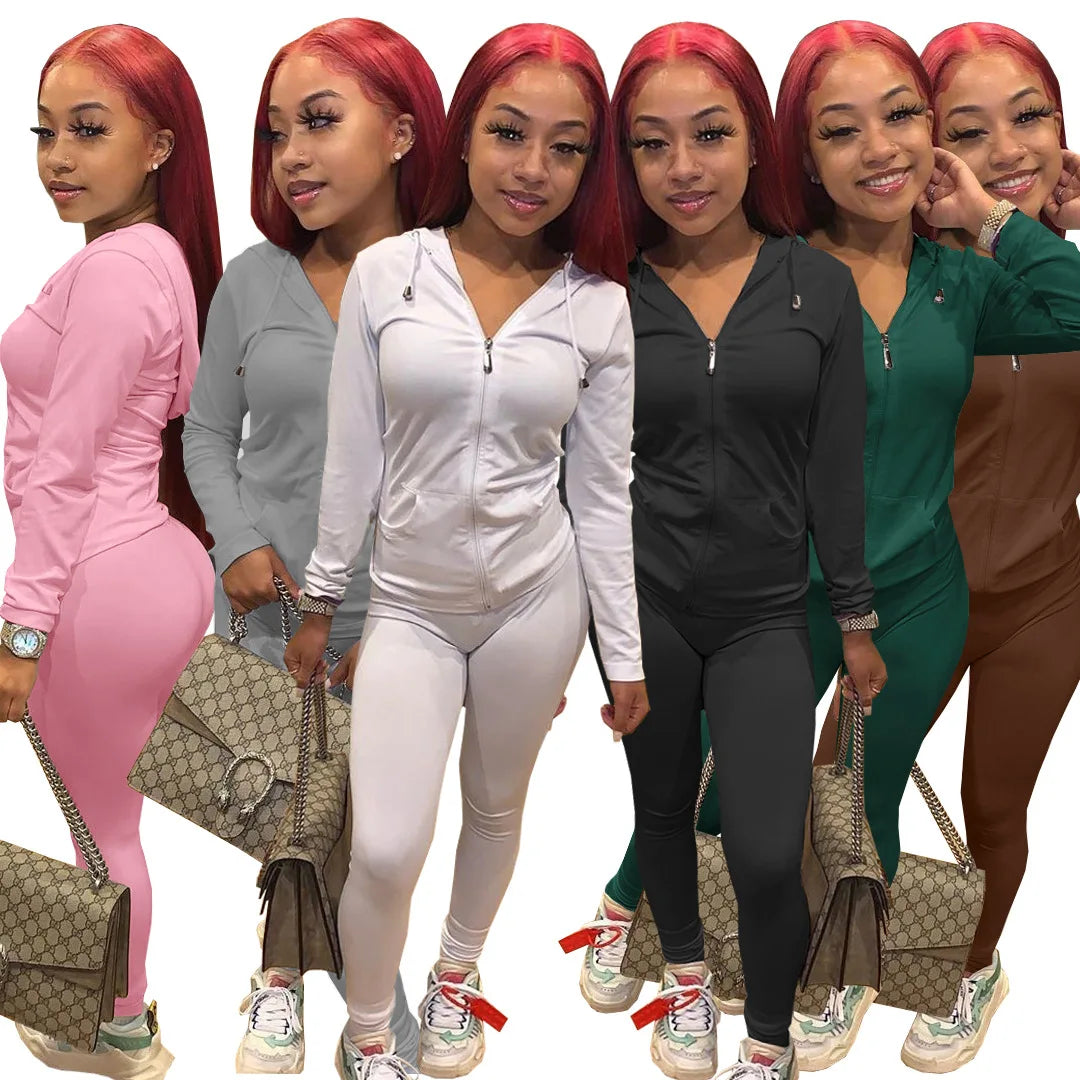 Fall New Styles Zipper Sport Skinny Hooded Top Jogger Pants Women Two Piece Set