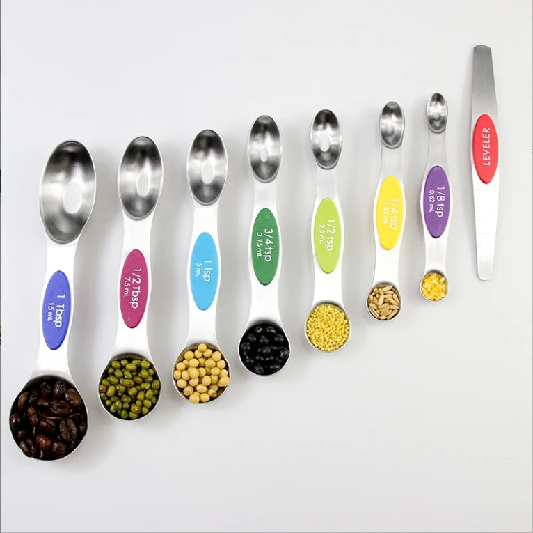 8-Piece Set Stainless Steel Magnetic Double-Head Measuring Spoon Food Grade Baking and Seasoning Spoon for Giveaways
