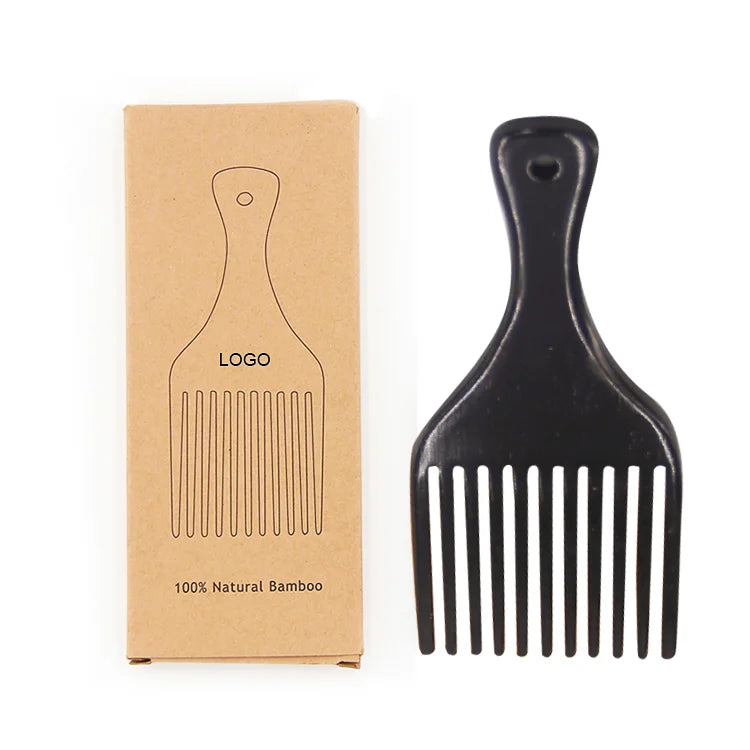 Customized Logo Afro Comb Good Quality Black Painted Natural Wood Wide Tooth Hair Comb Curly Heavy Hair Extension Bamboo Box