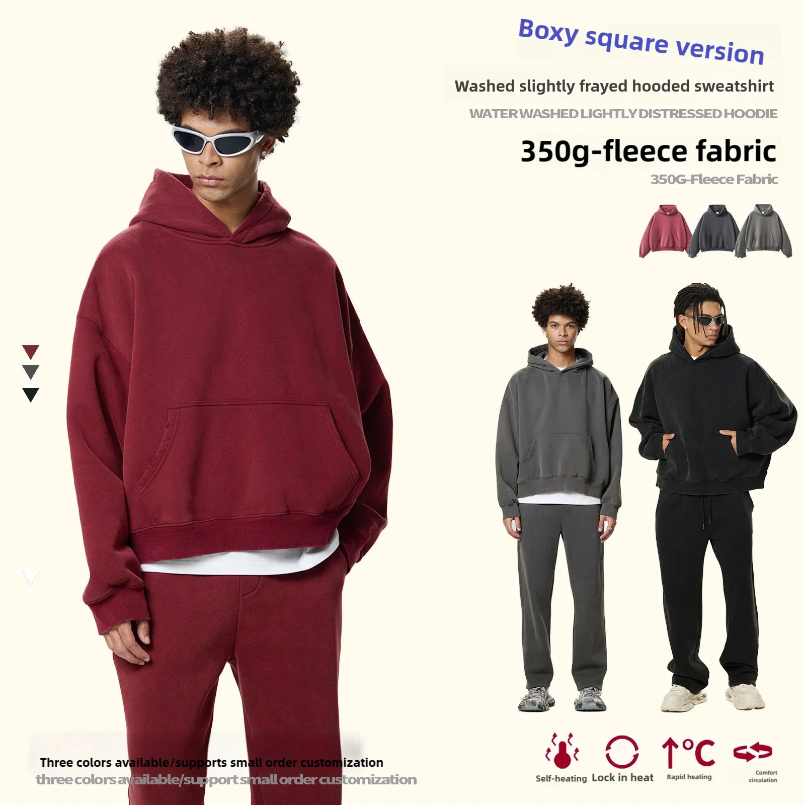 350G "Boxy" Thickened Washed Slightly Distressed Hoodie Fleece Fabric Trendy Men's Hooded Sweatshirt with Pockets