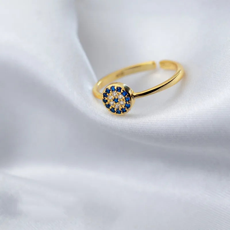 Fashion Jewelry 925 Sterling Silver Devil's Eye Full Diamond Blue White Zircon Gold Plated Open Rings for Women