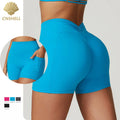 CNSHELL Custom Logo Nylon Scrunch Butt High Waist V-shaped Fold With Side Pocket Yoga Fitness Workout Gym Sports Shorts