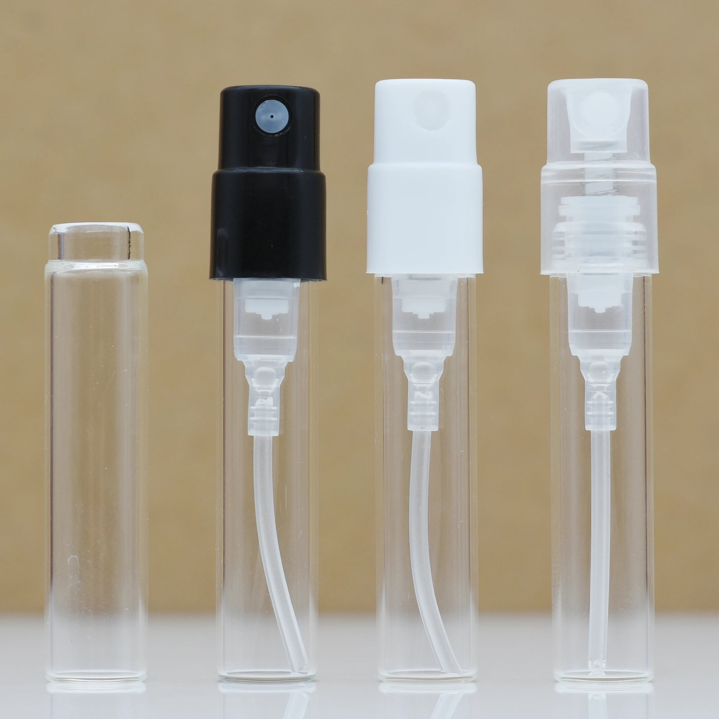 HeLun Packaging 1ml Mini Tester Crimp Neck Clear Glass Perfume Bottle with Black White Transparent Plastic Sprayer