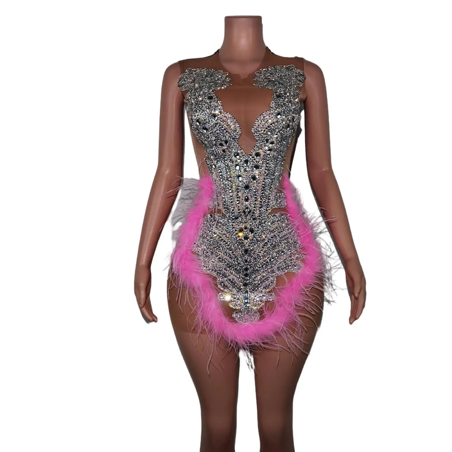 Vestidos Mujer Sexy Pink Feathers Short Cocktail Dinner Dress Plus Size Festival Outfit Women Mini Diamond Nightclub Party Dress