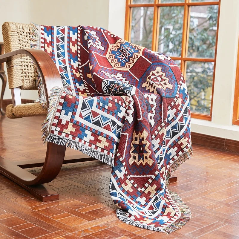 Tapestry Vendor Custom Geometric Pattern Recycled Cotton Woven Boho Picnic Rug Throw Blanket Autumn Winter Foldable Portable