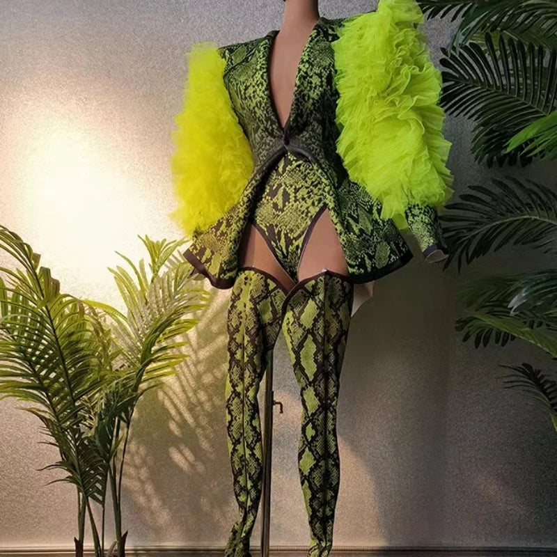 Green Snake Outfit  Print Ruffles Long Sleeve Exotic Dance Wear Stripper Sets Women Carnival Club Gogo Dancer Costumes