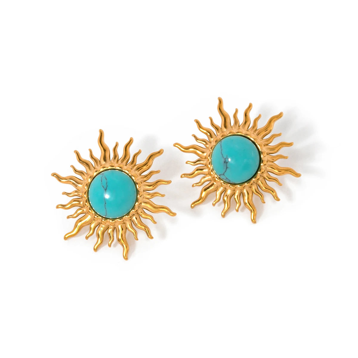 J&D Stainless Steel 18K Gold Plated Jewelry Gift Sun Shape Texture Turquoise Flower Earring Women Clean Fit