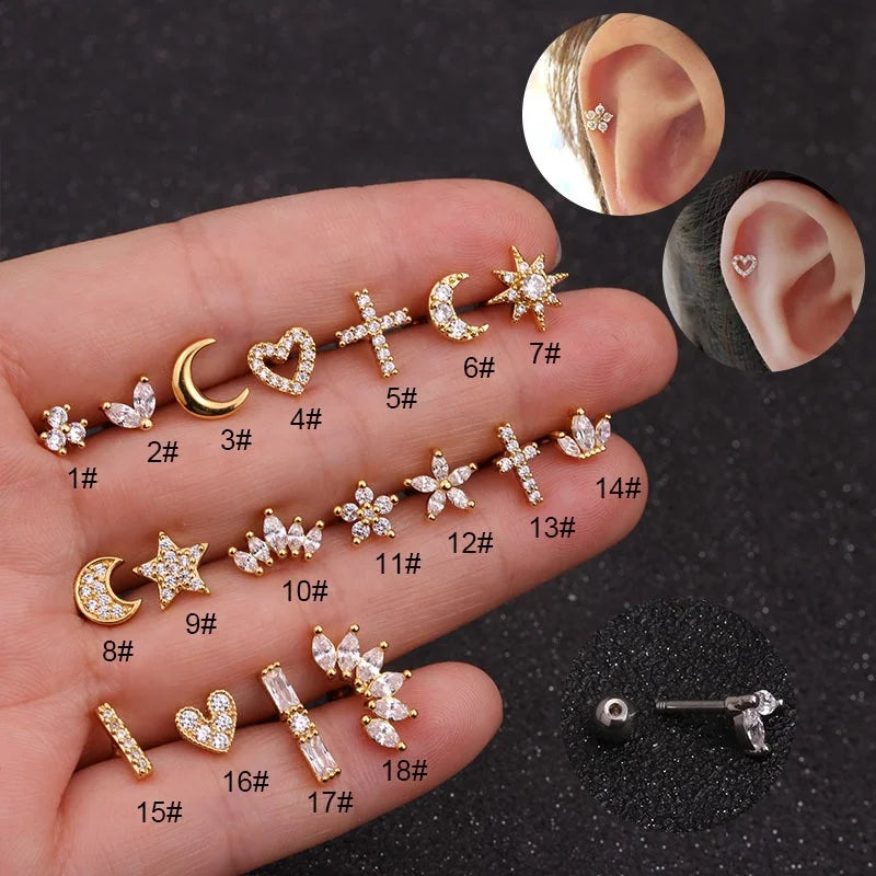 Small Cartilage Ear Stud Earring Zircon Ear Nail Stainless Steel Ear Bone Stud Bar Piercing Earrings of Cartilago Punk Jewel