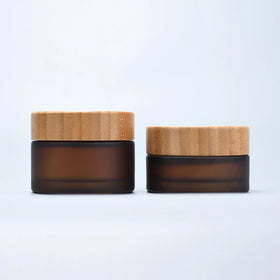 Natural Bamboo Cosmetic Packaging 5g 15g 30g 50g 100g Frosted Amber Glass Cream Jar with Bamboo Cap