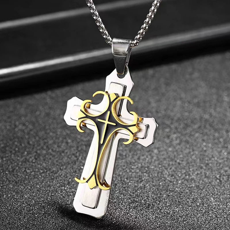 Titanium Steel Three-Layer Cross Pendant Necklace Men's Orthodox Religious Jewelry with 18K Gold Plating Main