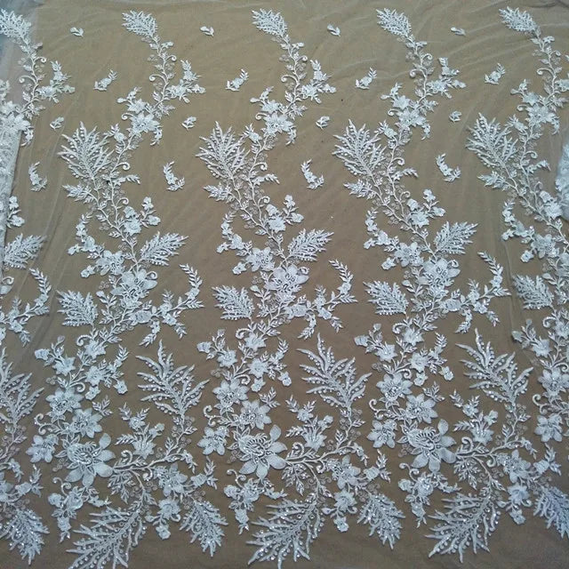 Bridal Wedding Fabric French Embroidery White Sequins Lace Fabrics for Dress