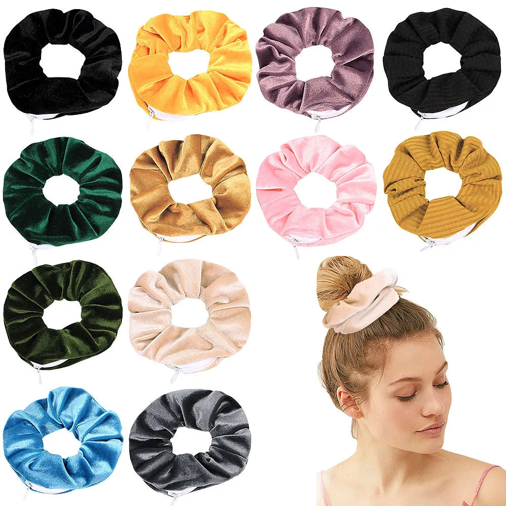 Wholesale Multi Colors Large Pocket Velvet Hair Scrunchies Elegant Fashionable Hair Scrunchies With Zipper
