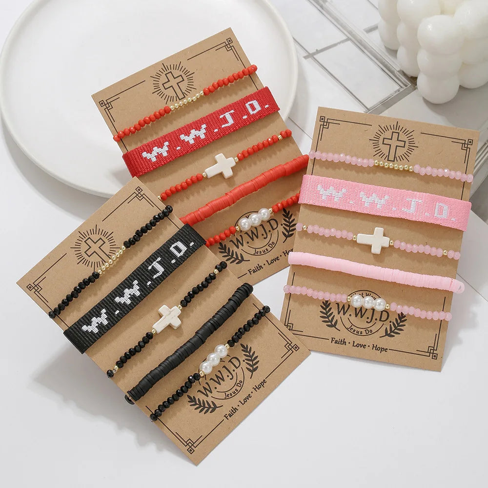 Card Pack Stacked Printed Letter WWJD Turquoise Cross Hand String Pearl Crystal Soft Ceramic Bead Bracelet