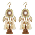 Wholesale Fashion Gold Plated Dangle Metal Leaf Pendant Women Girls Bohemian Red Blue Black Cotton Tassel Earring Jewelry