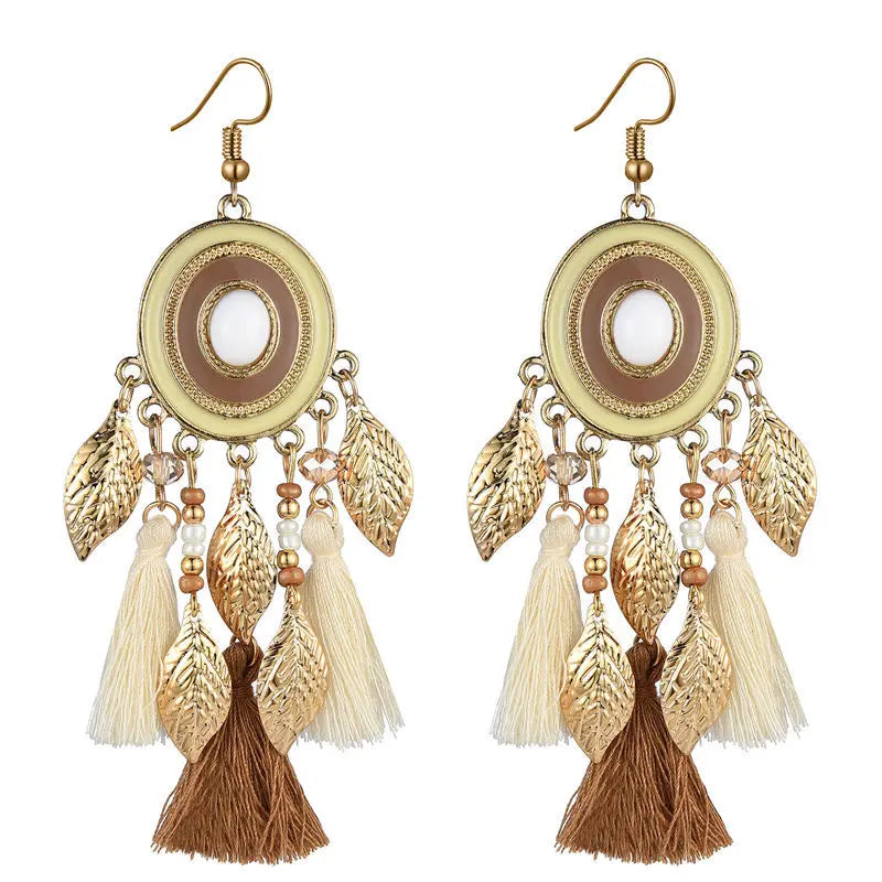 Wholesale Fashion Gold Plated Dangle Metal Leaf Pendant Women Girls Bohemian Red Blue Black Cotton Tassel Earring Jewelry