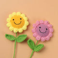 Popular Multi Color Smile Face Crochet Sunflower Branch with Leaves Artificial Woolen Knitted Ping-pong Flower Ornament
