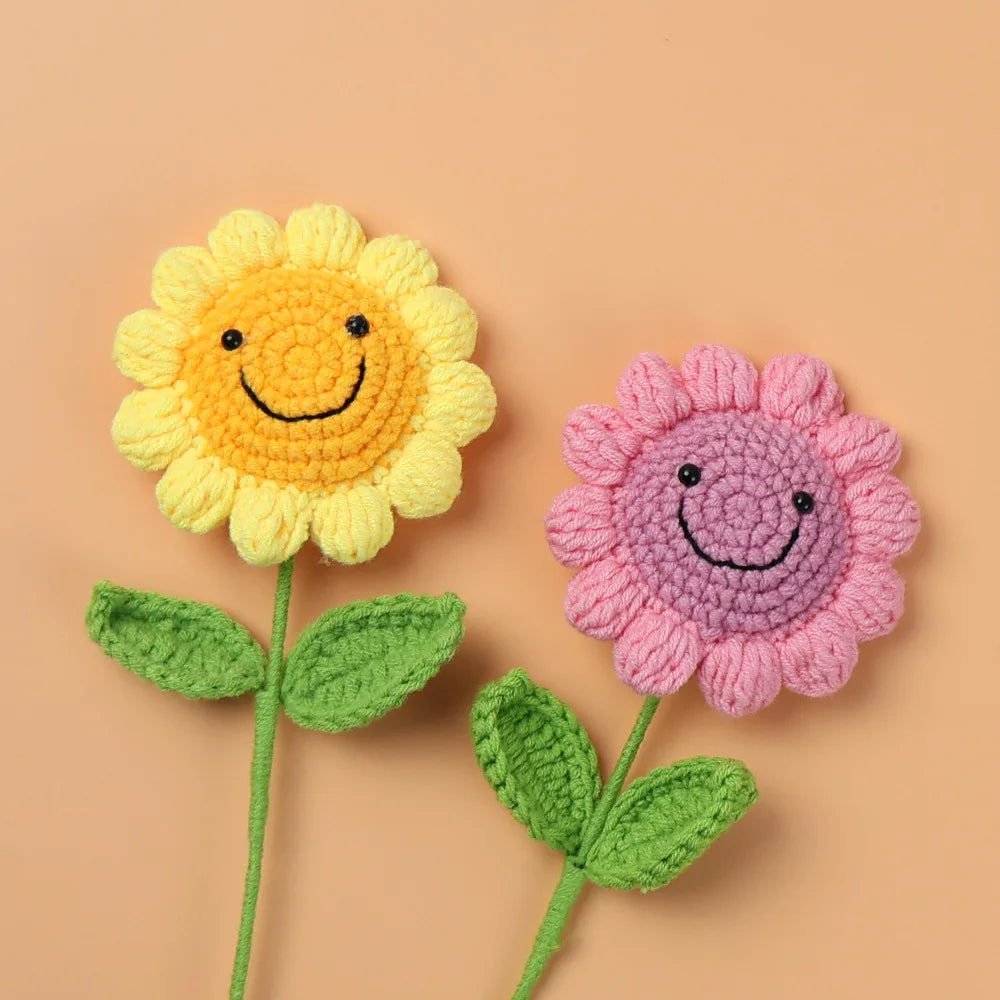 Popular Multi Color Smile Face Crochet Sunflower Branch with Leaves Artificial Woolen Knitted Ping-pong Flower Ornament