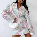 Enyami Women Casual Floral Printing Turn-Down Collar Wrap Coat Suit Ladies Tie V-Neck Print Blazer Shorts 2 Pieces Set