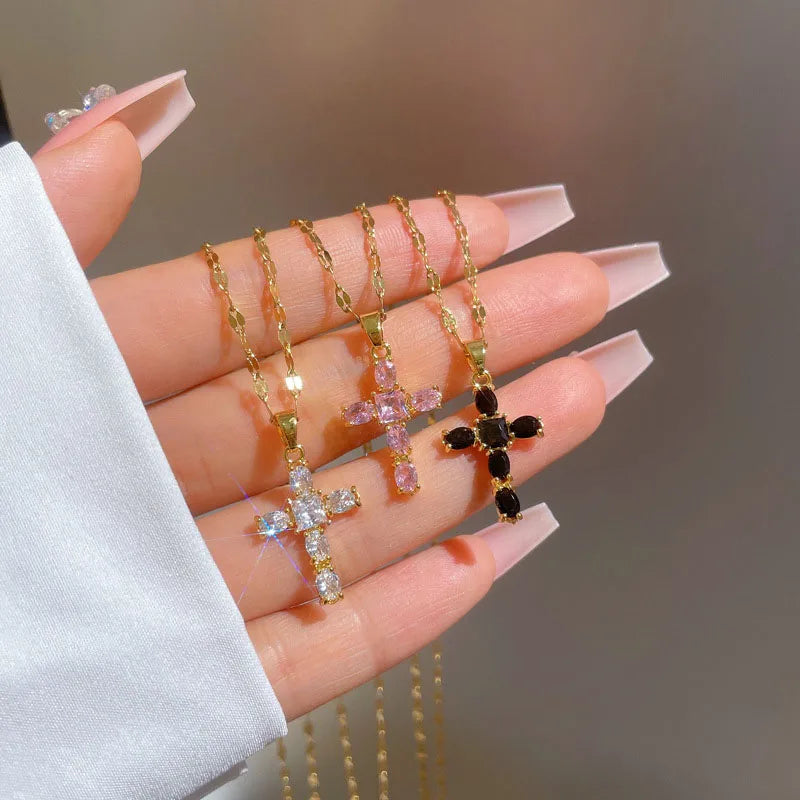 18K Gold Plated Link Chain Necklace with Classical Zircon Cross Pendant Trendy Geometric Style for Women and Girls Gifts