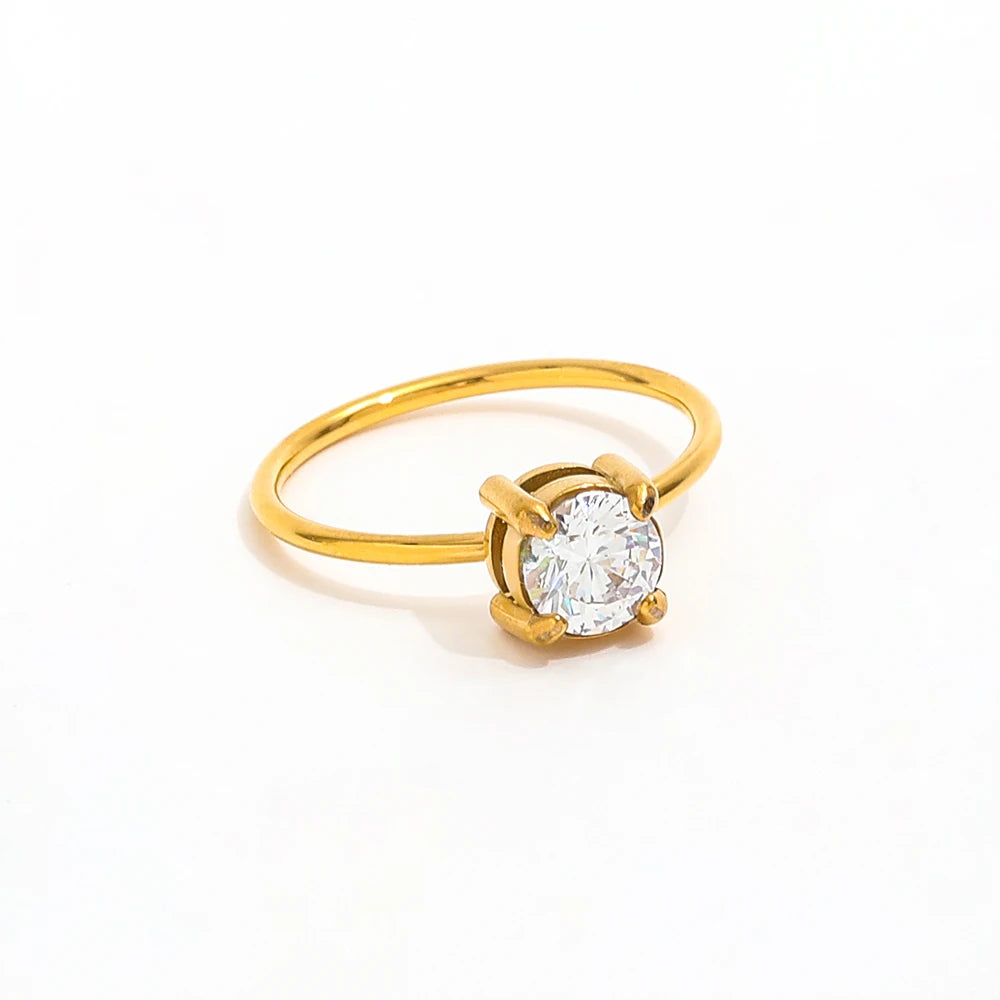 Joolim Wholesale 18K Gold Plated Fine Line Rings Stainless Steel Single Round Zirconia Jewelry for Women for Engagement Gift