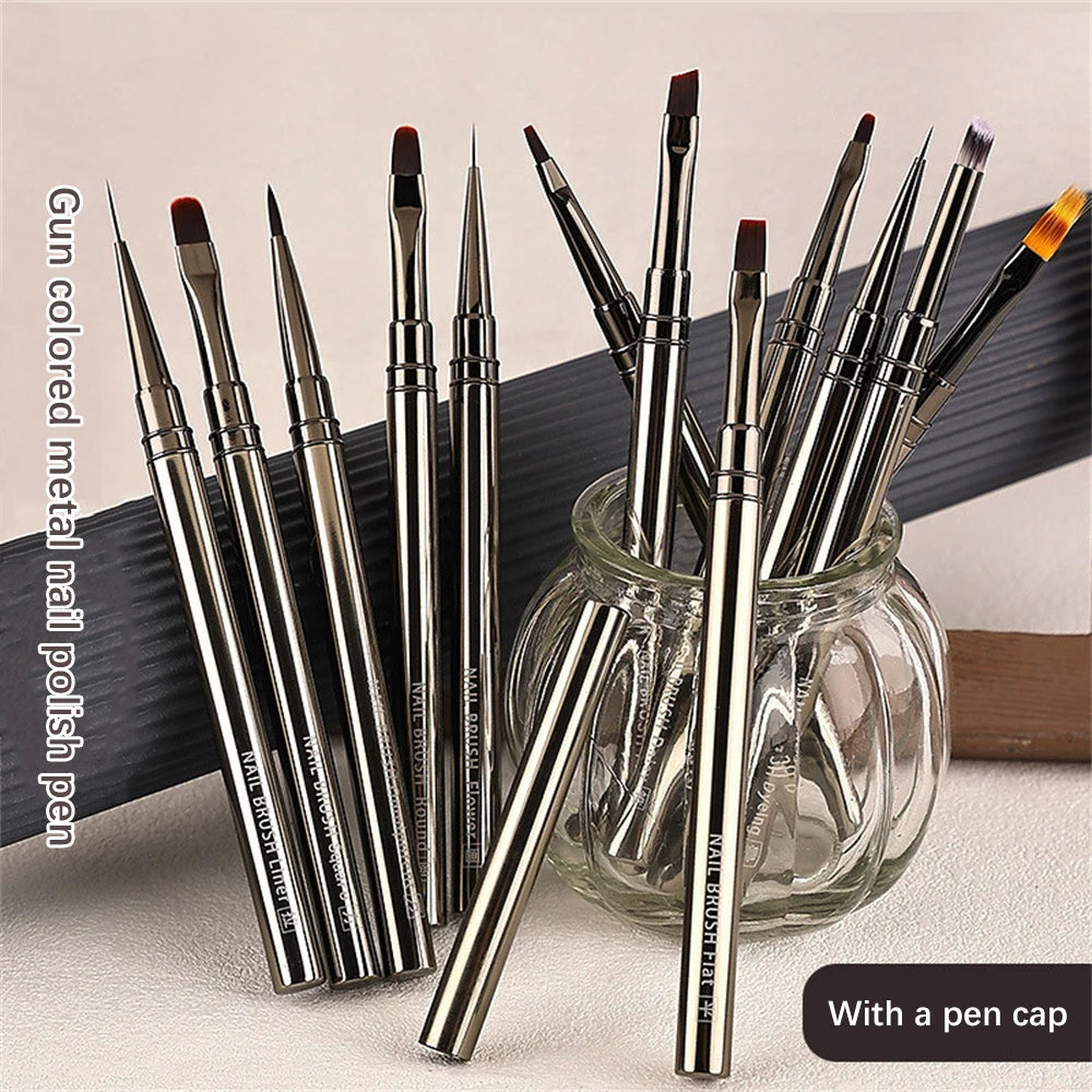 12PCS Metal Pattern Painting Acrylic UV Gel Extension Drawing Premium Round Flat Liner Pen Nail Art Brush with Nylon Bristles