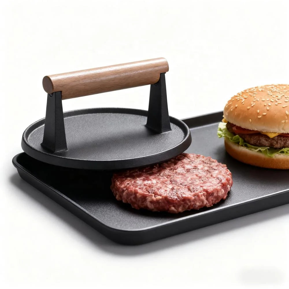 Custom Wood Handle Hamburger Patty Maker Metal Meat Press Stuffed Steak Burger Press Bacon Presser BBQ Cast Iron Grill Press