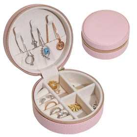 OEM Small Travel Jewelry Box round Pink PU Leather Storage Case for Rings Pendants Bracelets Necklaces