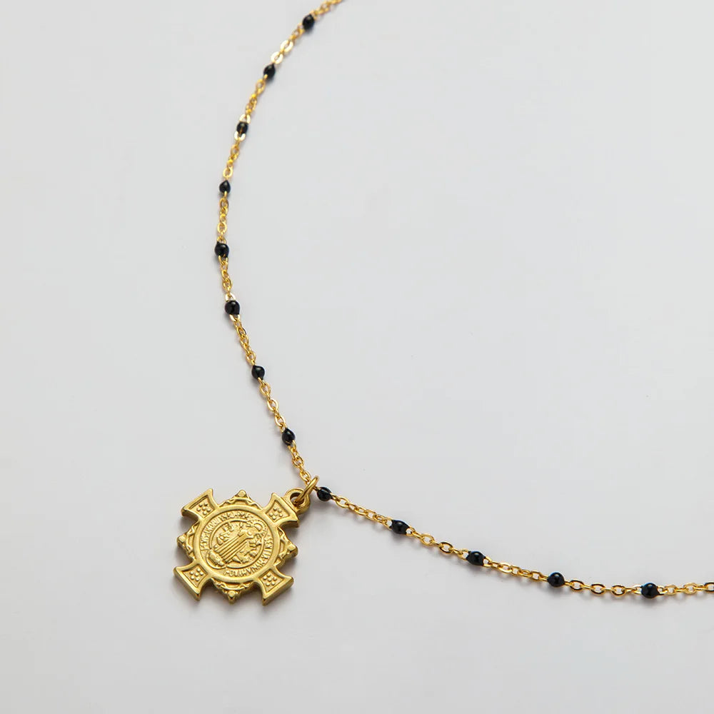 Stainless Steel Retro Black Dropper Chain 18k Gold Plated Geometry Cross Waterproof Necklace YF3921
