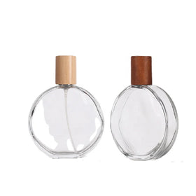Flat Round 100ml Glass Perfume Bottle Clear Perfume Oil Bottles Bamboo Wood Lid Cosmetic Empty Perfume Bottle with Bayonet Cap