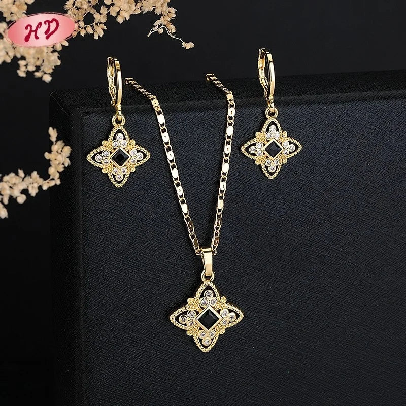 Hengdian 18K Gold Plated Brass Elegant Fashion Jewelry Set Elegant Earrings and Necklaces with Zircon for Party Wedding Gifts