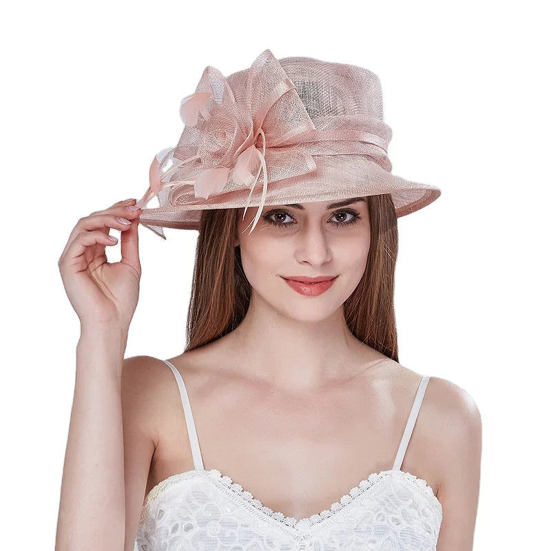 Fashion Chic Women Lady pink Sinamay Wide Brim Church Hat Kentucky Derby Dress Hat Fascinator Floral Tea Party Wedding Hat