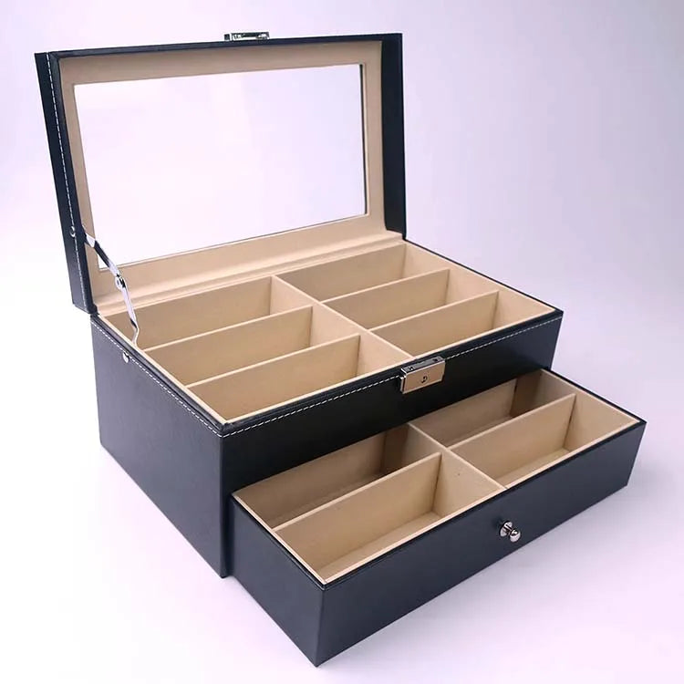 Portable Luxury 2 Layers Black PU Leather 12 Slot Sun Glass Packaging Travel Case with Window