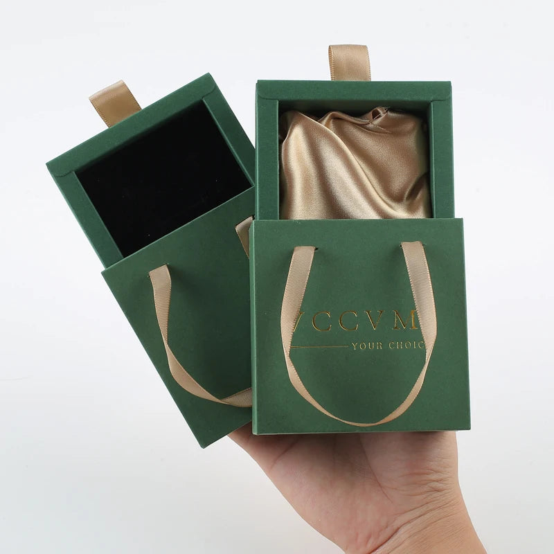 Custom Logo Satin Cardboard Jewelry Box with Sliding out Drawer and Handle for Gift Presentation