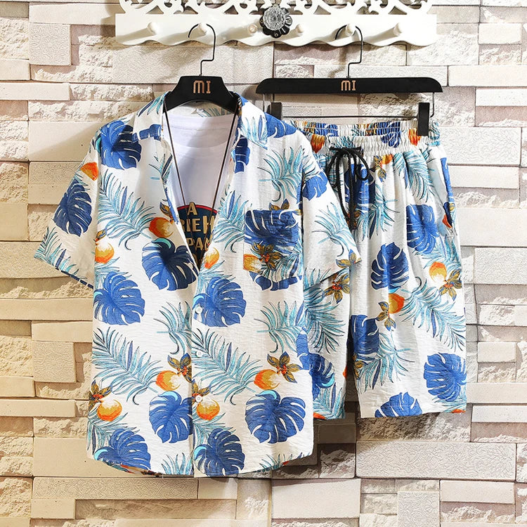 Summer 2022 Men Short Sleeve Beach Shirt Suit Fashion Print Loose Print Beach Suits