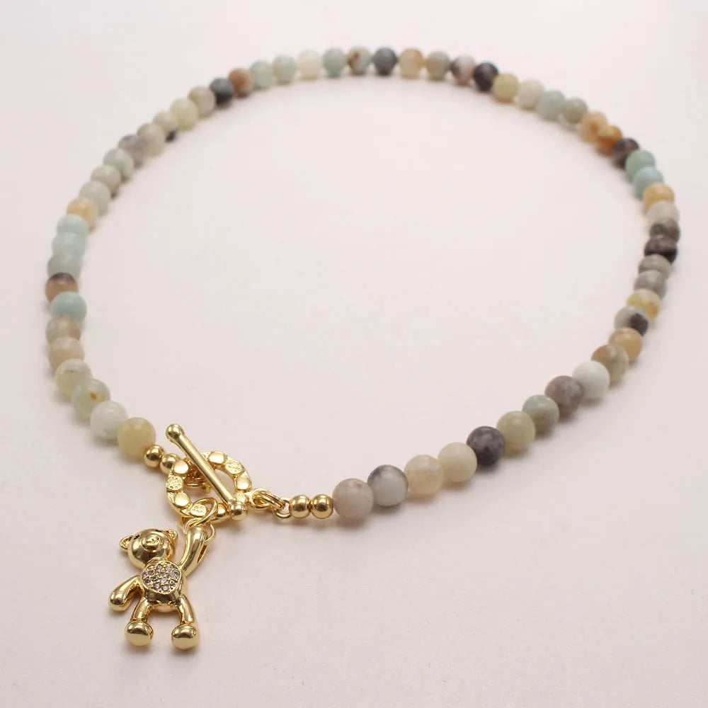 INS Korean Fashion Women's Natural Stone Beaded Chain Necklace 18K Gold Plated Cubic Zircon Cute Bear Pendant Necklace Choker
