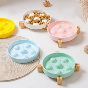 Solid Color Flower and Cat Shape Ceramic Pet Bowl Sweet Slow Feeder Dog Bowl Anti-slip Elevated Cat Food Bowl with Bamboo Stand