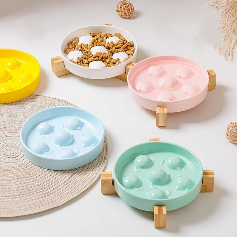 Solid Color Flower and Cat Shape Ceramic Pet Bowl Sweet Slow Feeder Dog Bowl Anti-slip Elevated Cat Food Bowl with Bamboo Stand