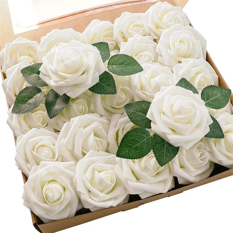 Handmade 25pcs White Rose Artificial Flowers Realistic PE Foam Backdrop for Christmas Valentine's Day Mother's Day Wedding