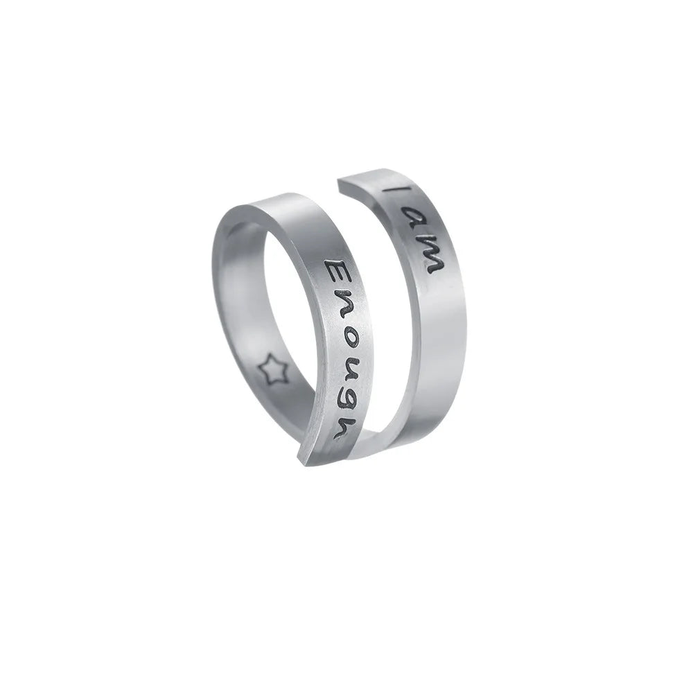 Unique Stainless Steel Adjustable Open I Am Enough Ring for Women Men