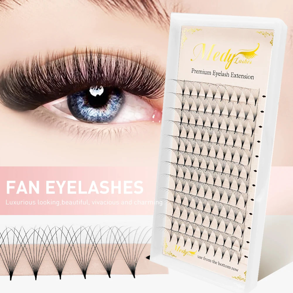 Medylashes Handmade Premade Volume Fans Eyelashes Extension Top Grade Sharp Base Synthetic Hair 12 Rows Natural Soft Xxl Trays