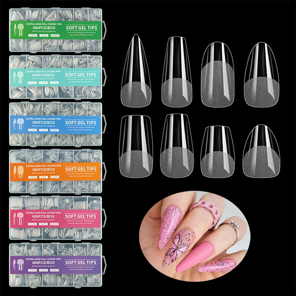 600pcs/Box Half Matte Extra Long  Full Cover False Nail Curved Press on Nails Soft Gel Nail Tips