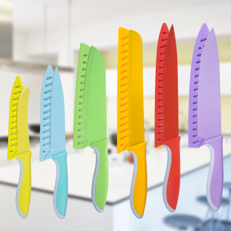 Morandi Color System 12 PCS Stainless Steel NonStick Kitchen Knife Set With Knife Sheath Colorful Kitchen Knife Set