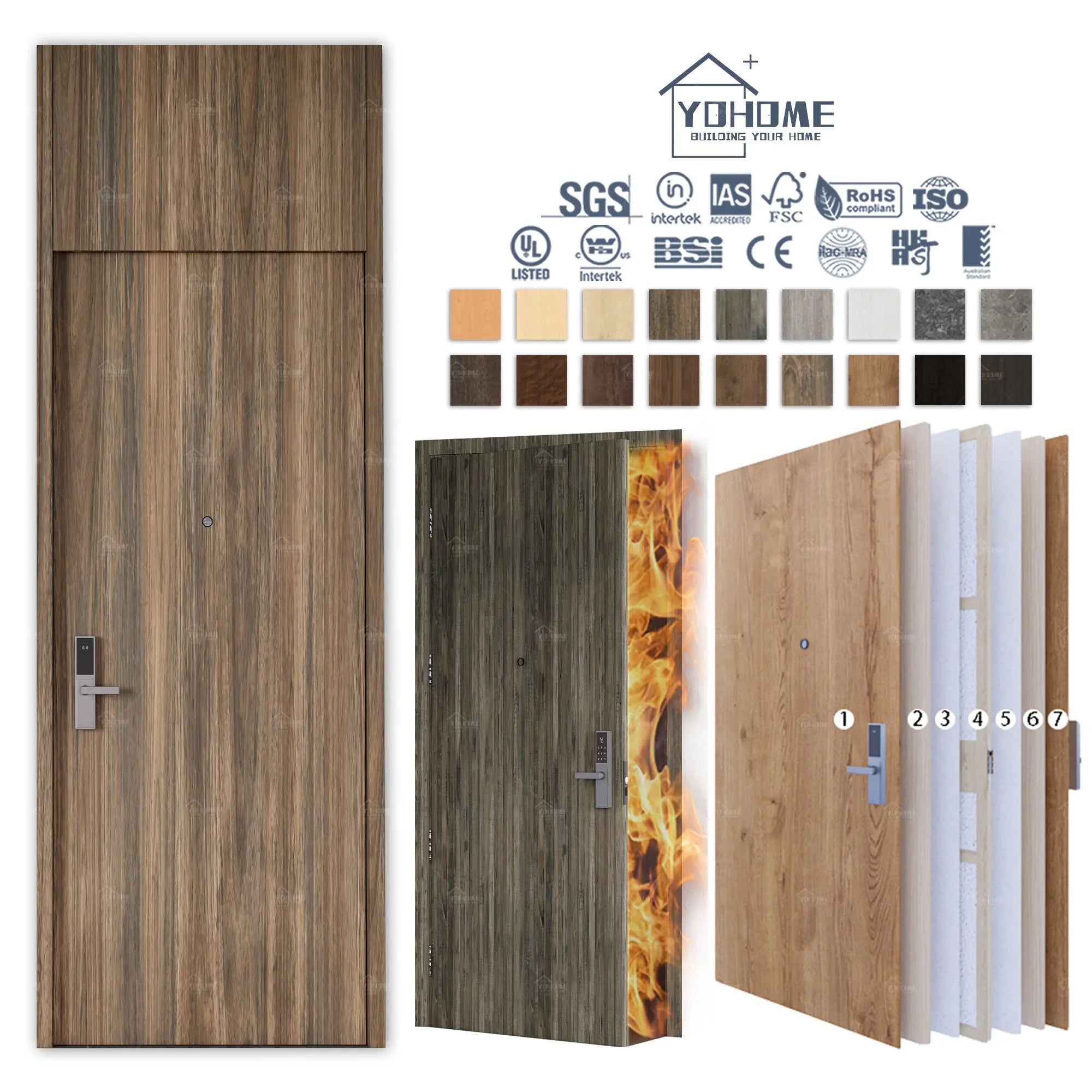 Foshan Yohome Custom American Modern Fireproof Door Soundproof Hotel Room Door Wooden HPL 20 45 60 Minutes Fire Door
