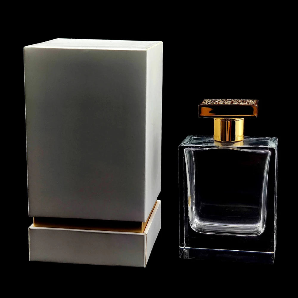 Luxury Hand Polishing Crystal clear Rectangular Glass Perfume Spray Bottle 100ml with Lid and Custom Packaging Box
