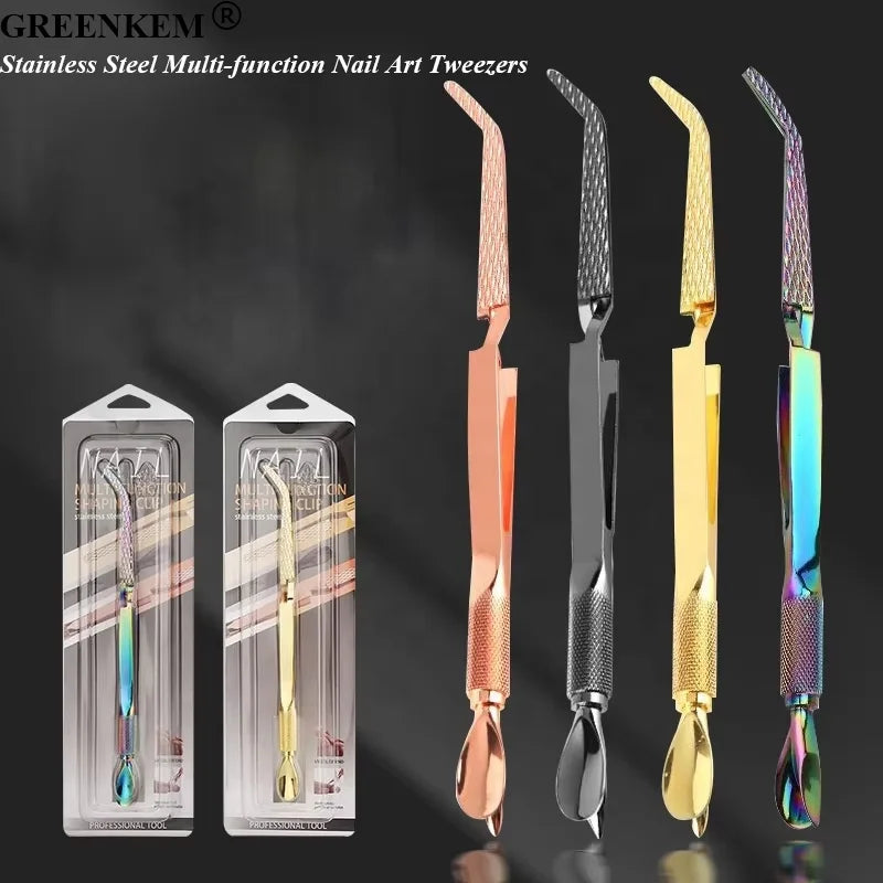 GREENKEM Nipper Tweezers Stainless Steel Multi-function Clip Tip Manicure Acrylic C Curve Picking Rhinestone Nail Art Tweezers