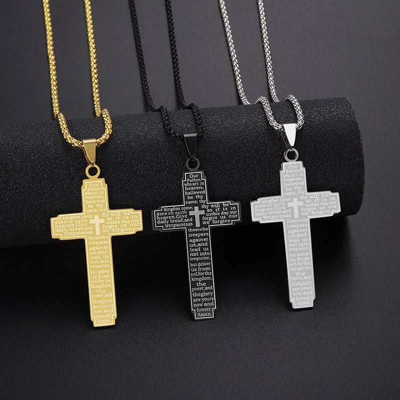 Trendy Retro Hip-hop Stainless Steel Bible Cross Pendant Necklace Gold Plated for Men Women Durably Fashionable Jewelry